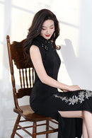 Black Embroidered Modern Qipao Midi | Sleeveless Mandarin Neck, Beaded Frogs