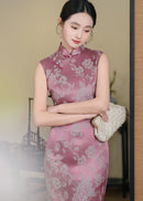 Pink Jacquard Peony Qipao Dress | Sleeveless Mandarin Collar Slim Midi Cheongsam