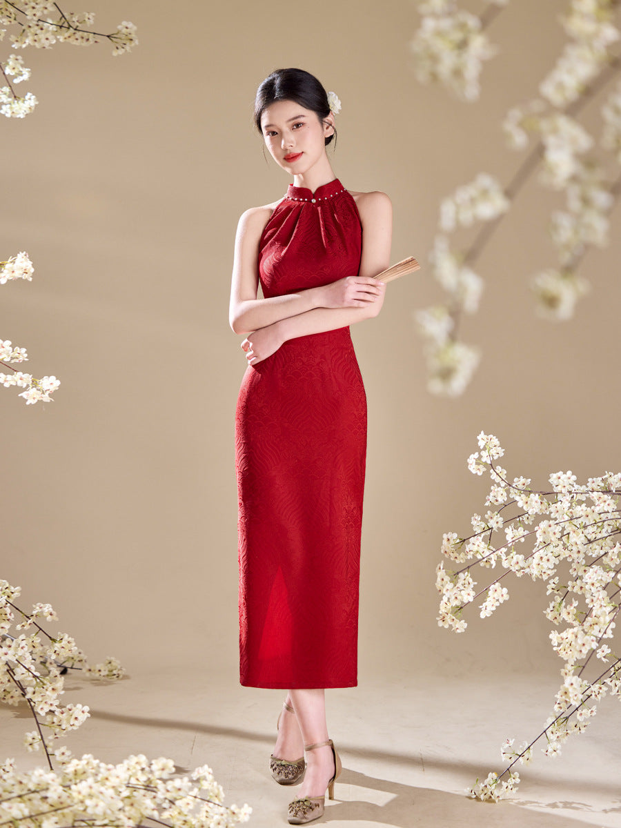 Red Halter Neck Qipao Dress - Side Slit Chinese Cheongsam Gown | HANGRACE Han Grace Red Halter Neck Qipao Dress - Side Slit Chinese Cheongsam Gown | HANGRACE Han Grace