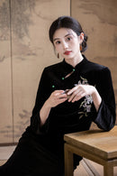 Black Orchid-Embroidered Qipao Midi | Elegant for Banquets