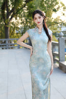 Green Floral Silk Mandarin Collar Qipao | Elegant Slim-fit Banquet Dress