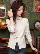 Elegant White Brocade Tang Jacket With Chinese Frog Button Design