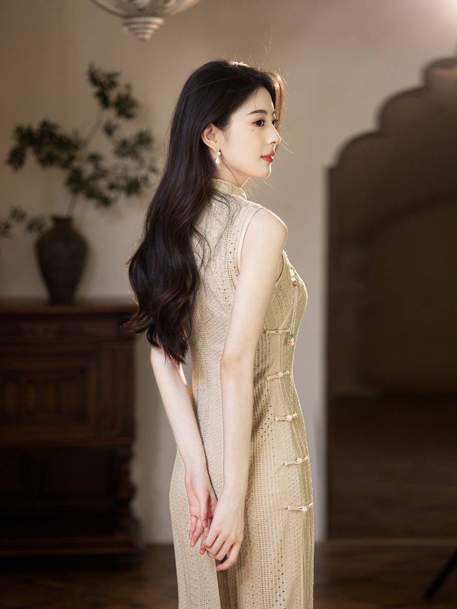 Cream Open-Knit Qipao Dress | Sleeveless Slim Midi
