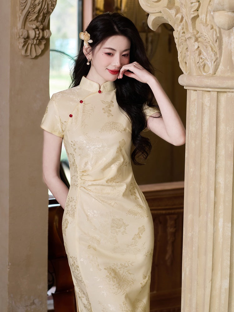 Yellow Jacquard Qipao | Slim Mandarin Collar Short-Sleeve Dress