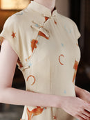 Playful Horse Print Qipao | Cream Vintage Chinese Cheongsam Midi Dress