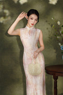 Pink Floral Sleeveless Velvet Qipao Dress | Slim Mandarin Maxi