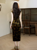Olive-Green Floral Modern Qipao Midi | Sleeveless Mandarin Neck