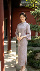 Purple Velvet Petal Sleeve Qipao Dress | Slim Mandarin Maxi