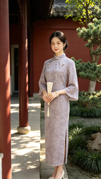 Purple Velvet Petal Sleeve Qipao Dress | Slim Mandarin Maxi
