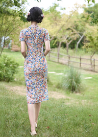 Fresh Multicolour Floral Short Qipao Dress | Summer Short Sleeve Mandarin Collar Slim Midi Cheongsam