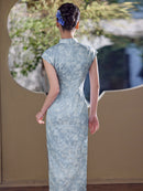 Blue Vintage-Wash Short Sleeve Qipao Maxi Dress | Mandarin Collar Slim Slit Cheongsam
