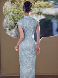 Blue Vintage-Wash Short Sleeve Qipao Maxi Dress | Mandarin Collar Slim Slit Cheongsam