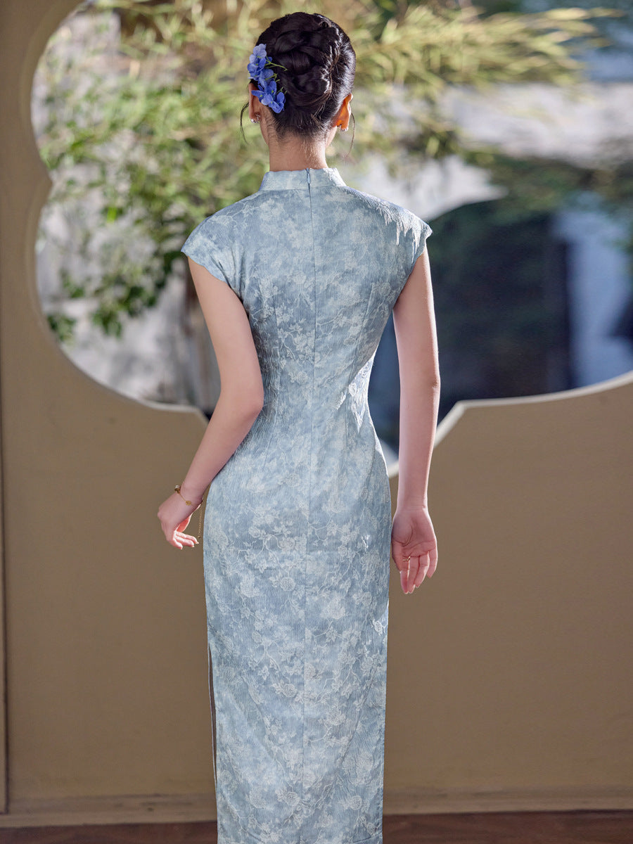 Blue Vintage-Wash Short Sleeve Qipao Maxi Dress | Mandarin Collar Slim Slit Cheongsam