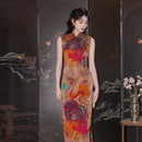 Retro Orange Sleeveless Qipao Dress | Mandarin Collar Slim Midi Cheongsam