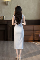 Light Blue Floral Sleeveless Qipao Dress | Slim Mandarin Midi