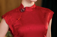 Classic Red Floral Qipao Dress for Women | Mandarin Collar Frog Button Slim Fit Cheongsam with Side Slit for Banquet