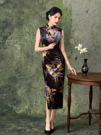 Black Vintage Floral Print Qipao Dress | Sleeveless Mandarin Collar Slim Midi Cheongsam