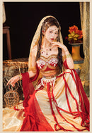 Elegant Red and Gold Belly Dance Costume with Veil and Accessories