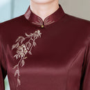 Acetate Stretch Satin Embroidered Qipao Midi | Mandarin Collar