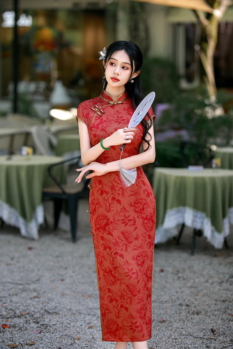 Burgundy Jacquard Qipao Dress Slim Fit Mandarin Collar Midi Cheongsam | Vintage New Chinese Style for Banquet Wedding Date