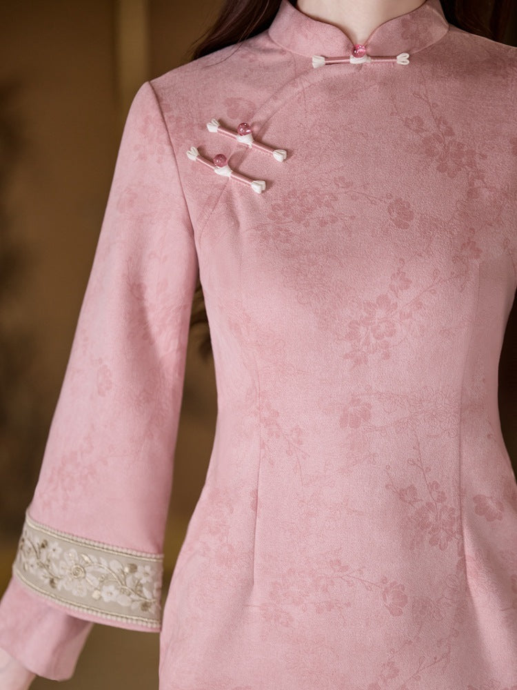Jacquard Qipao | Mandarin Collar 3/4 Sleeve Midi Dress