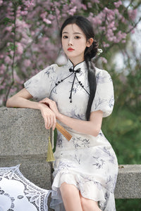Light Bamboo Leaf Floral Qipao Dress for Women | Mandarin Collar Frog Button Slim Fit with Ruffle Detail