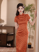 Rust Orange Jacquard Qipao Dress Short Sleeve Slim Mandarin Collar