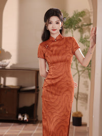 Rust Orange Jacquard Qipao Dress Short Sleeve Slim Mandarin Collar