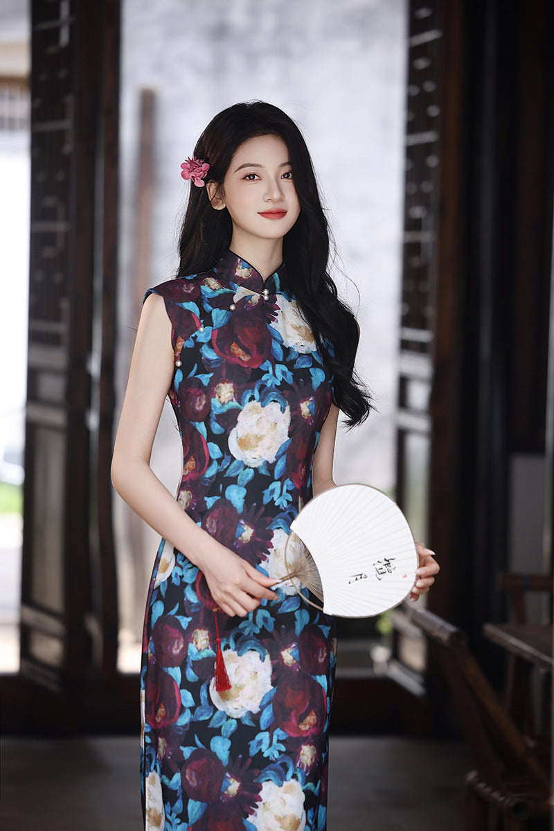 New Chinese Vintage Oil-Paint Floral Qipao Dress Black Base Blue Burgundy