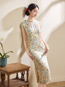 Blue Floral Berry Print Qipao Dress | Slim Mandarin Midi Look