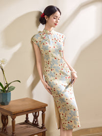Blue Floral Berry Print Qipao Dress | Slim Mandarin Midi Look