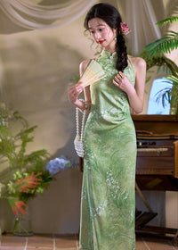 Cool-Green Modern Chinese Qipao | Sleeveless Mandarin Maxi Dress