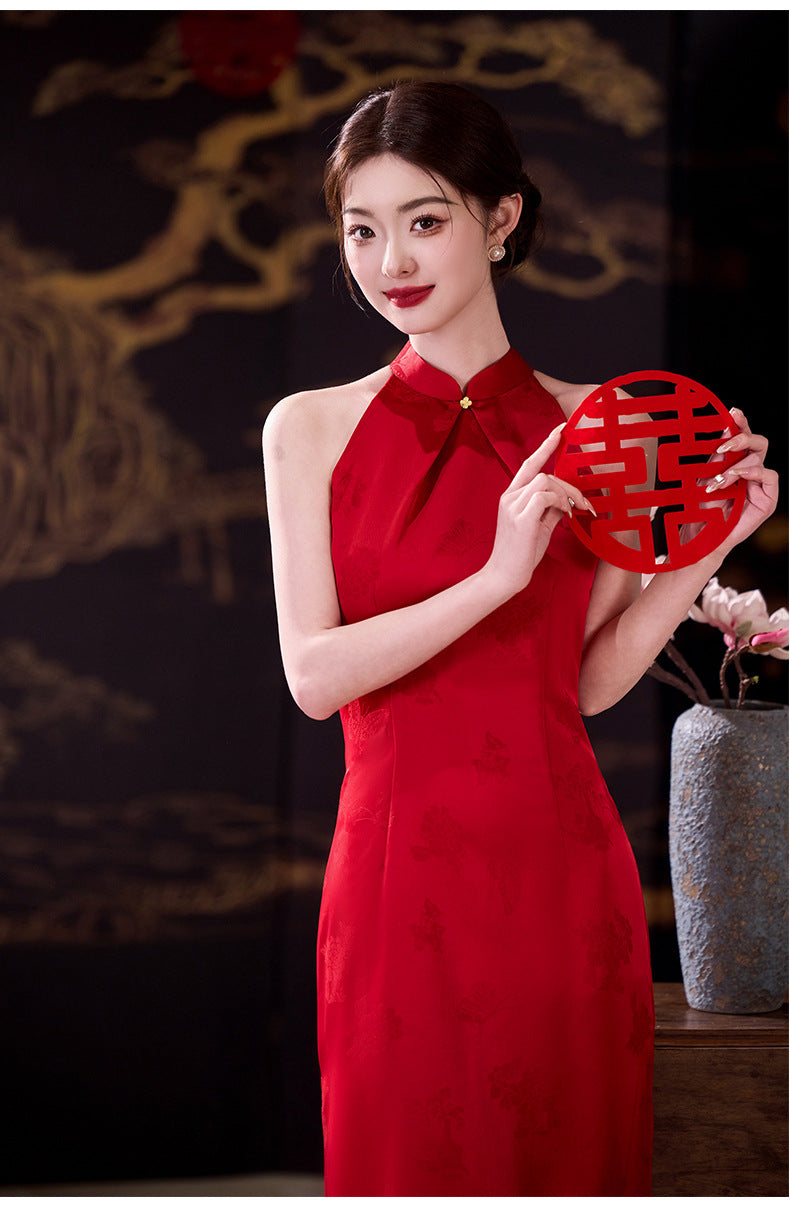 Festive Red Halter-Neck Jacquard Modern Qipao Maxi | Bias-Cut Slim Silhouette with Side Slit