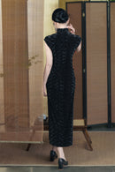 Black Vintage Ripple-Textured Qipao | Slim Long Cap-Sleeve Cheongsam