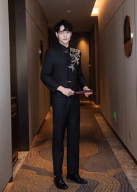Men’s Black Bamboo Embroidery Zhongshan Suit