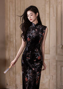 Black Floral Vintage Sleeveless Slim Qipao Gown