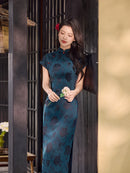 Teal Blue Rose Jacquard Short Sleeve Qipao Maxi Dress | Mandarin Collar Slim Slit Cheongsam