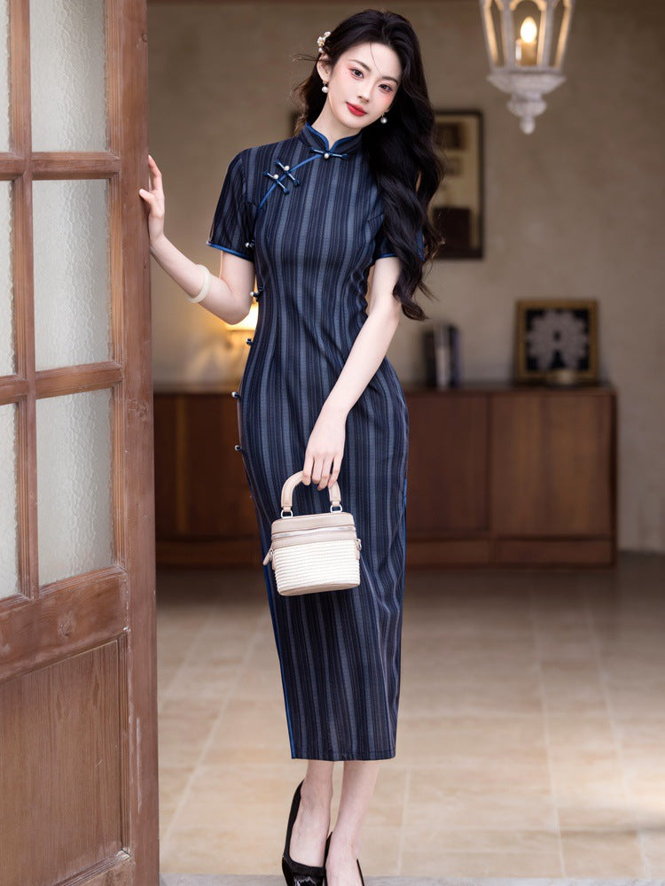 Navy Striped Qipao | Mandarin Collar Slim Midi Dress
