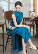 Peacock-Blue New-Chinese Qipao Dress | Sleeveless Mandarin Collar