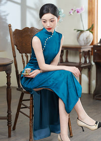 Peacock-Blue New-Chinese Qipao Dress | Sleeveless Mandarin Collar