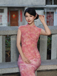 Pink Flocked Floral Print Sleeveless Mandarin Qipao Dress|Slim Mid Cheongsam