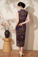 Floral Jacquard Sleeveless Qipao Dress | Vintage Mandarin Collar Maxi Cheongsam