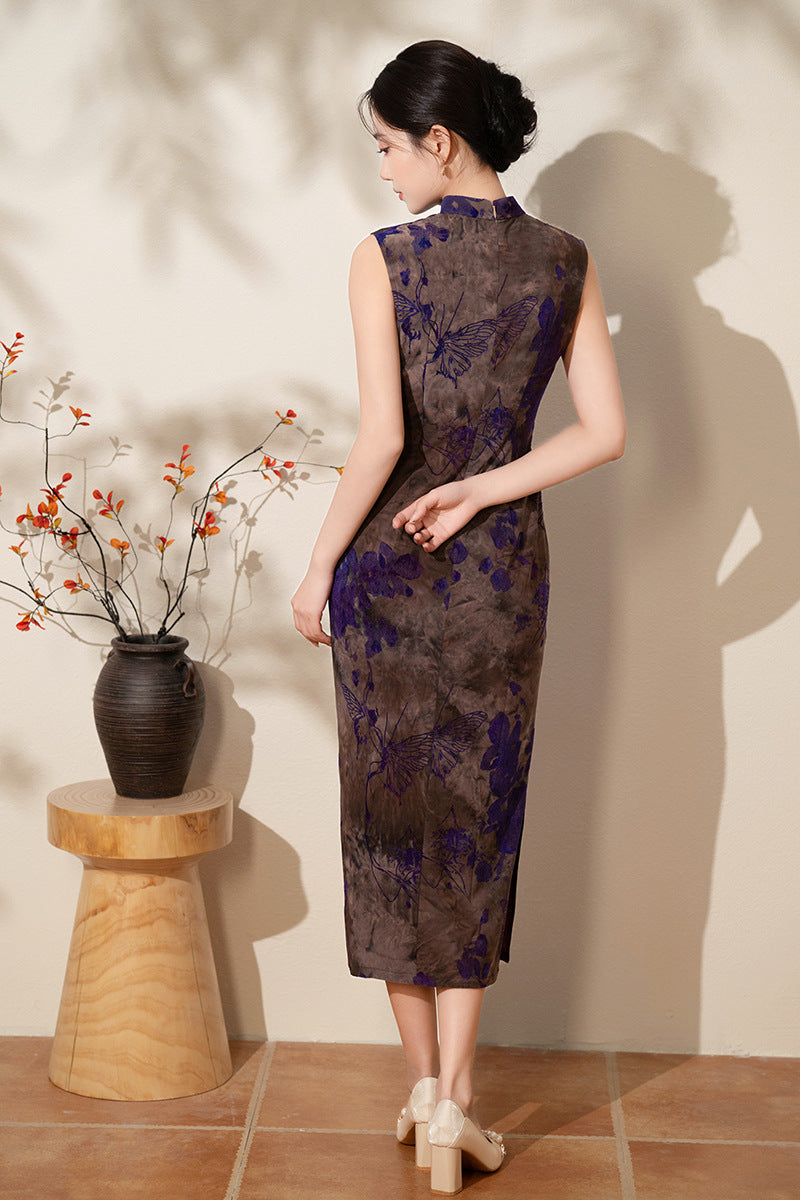 Floral Jacquard Sleeveless Qipao Dress | Vintage Mandarin Collar Maxi Cheongsam