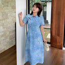 Plus Size Blue Floral Qipao Dress | Summer Breathable Jacquard
