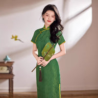 Emerald Green Tonal Jacquard Short Sleeve Qipao Maxi Dress |  Piping Slim Cheongsam