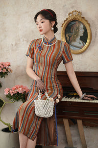 Modern Chinese Retro Striped Qipao Dress | Mandarin Collar Frog Buttons Slim Midi Side Slit