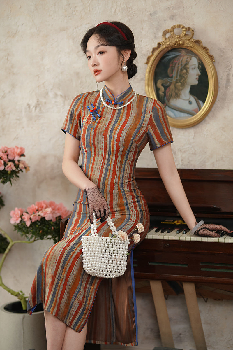 Modern Chinese Retro Striped Qipao Dress | Mandarin Collar Frog Buttons Slim Midi Side Slit