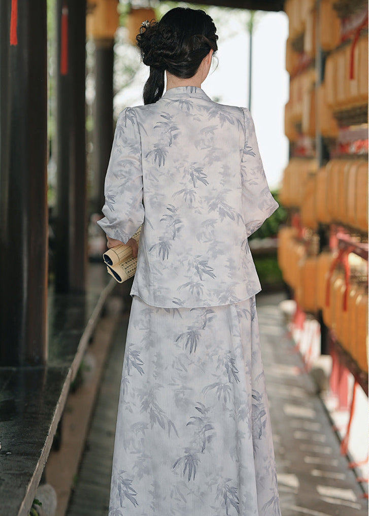 Mist-Grey Ink-Print Modern Hanfu Set | Mandarin-Collar Puff-Sleeve Top & High-Waist Skirt