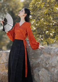 Modern Hanfu Mamian Skirt Set | Jacquard Wrap V-Neck Top with Lantern Sleeves