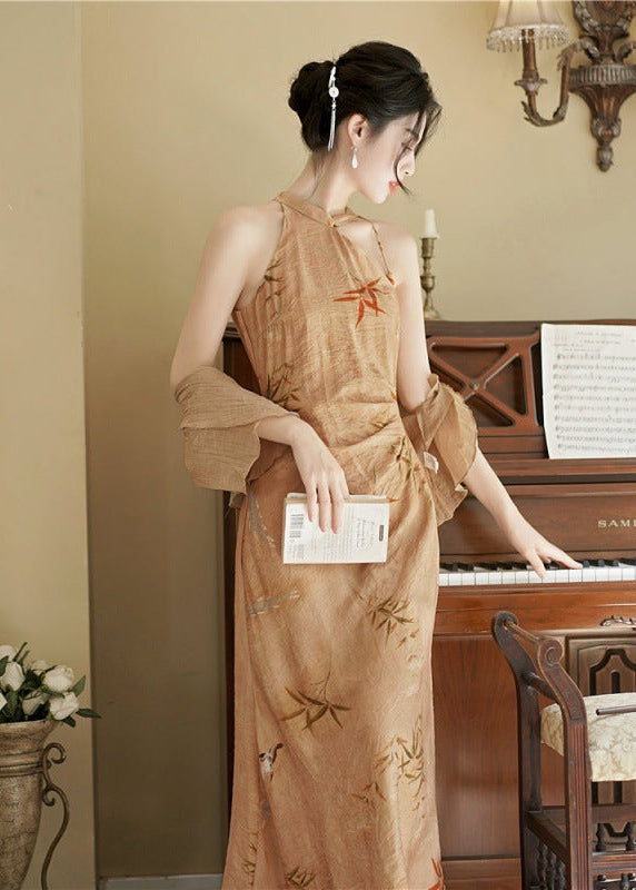 Champagne Apricot Bamboo Print Qipao Dress | Cape Sleeve Mandarin Collar Frog Button Slim Maxi